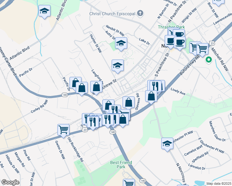 map of restaurants, bars, coffee shops, grocery stores, and more near 161 Kelly Street Northwest in Norcross