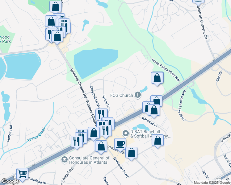 map of restaurants, bars, coffee shops, grocery stores, and more near 7054 Chappell Circle Northwest in Atlanta