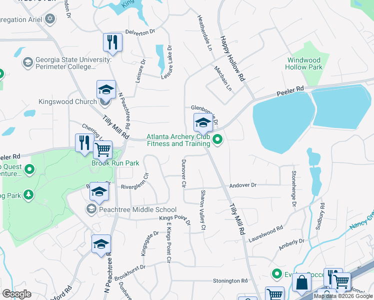 map of restaurants, bars, coffee shops, grocery stores, and more near 4810 Tilly Mill Road in Doraville