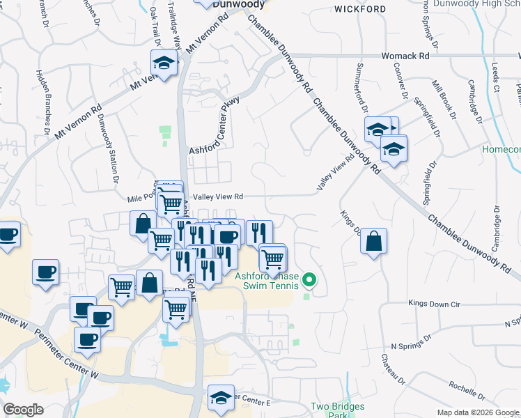map of restaurants, bars, coffee shops, grocery stores, and more near 4764 Ashford Club Drive in Dunwoody