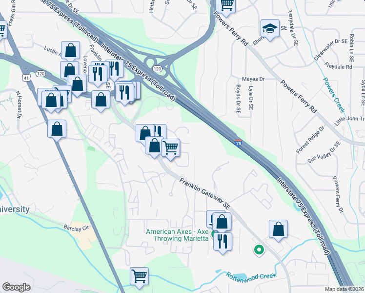 map of restaurants, bars, coffee shops, grocery stores, and more near 1777 Twin Brooks Drive Southeast in Marietta