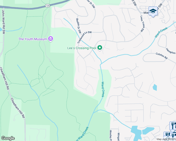 map of restaurants, bars, coffee shops, grocery stores, and more near 557 Basil Court Southwest in Marietta