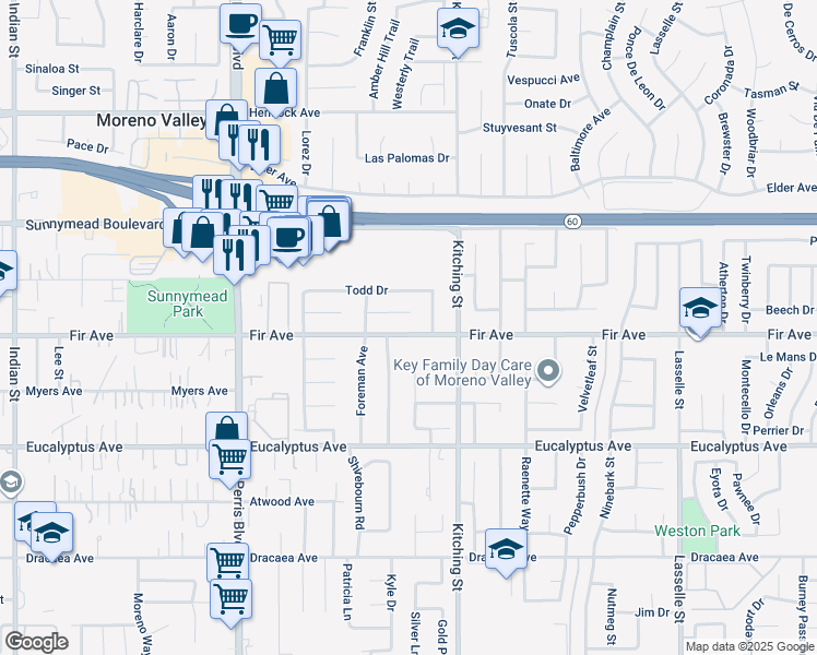 map of restaurants, bars, coffee shops, grocery stores, and more near 25374 Fir Avenue in Moreno Valley