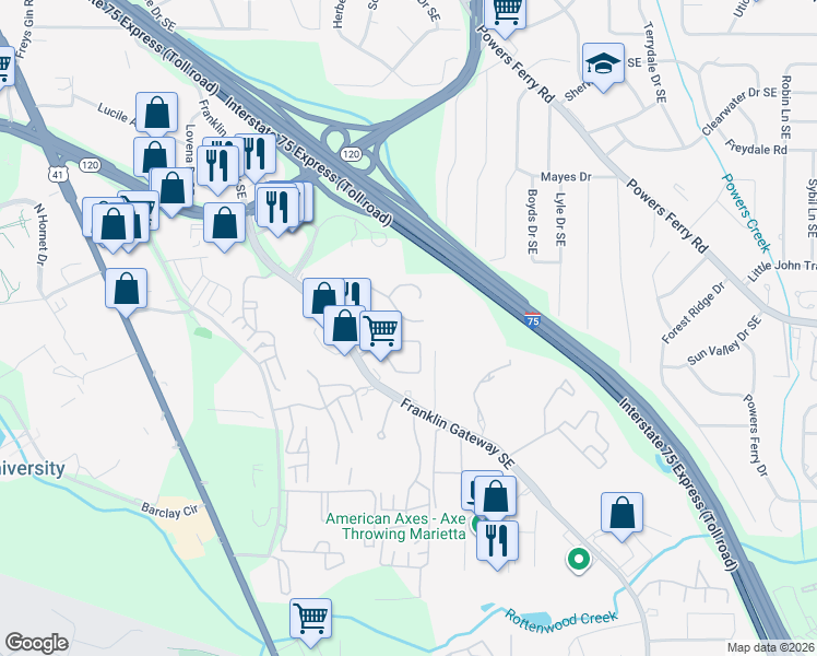 map of restaurants, bars, coffee shops, grocery stores, and more near 1777 Twin Brooks Drive Southeast in Marietta