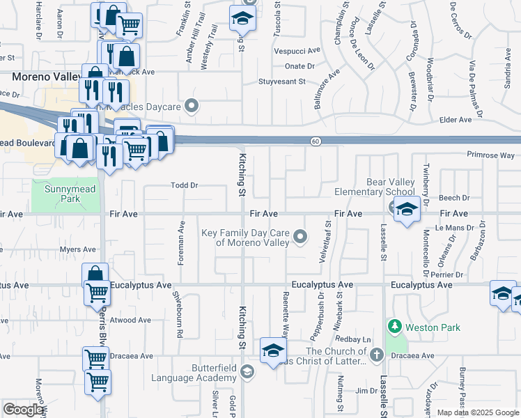 map of restaurants, bars, coffee shops, grocery stores, and more near 25592 Fir Avenue in Moreno Valley
