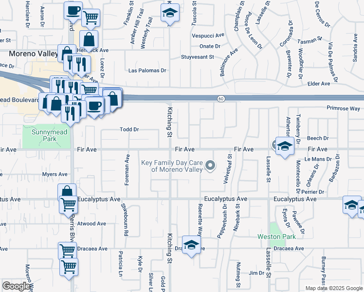 map of restaurants, bars, coffee shops, grocery stores, and more near 25592 Fir Avenue in Moreno Valley
