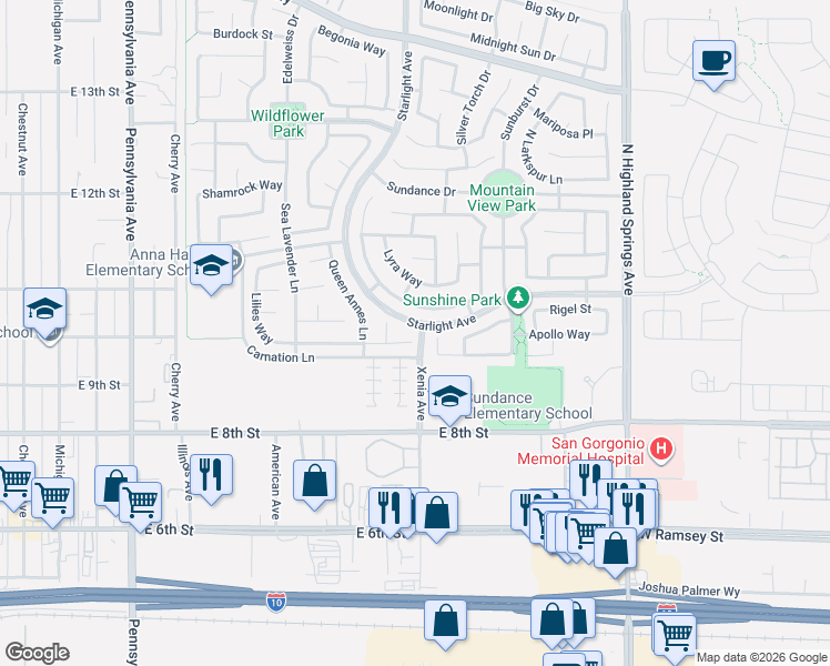 map of restaurants, bars, coffee shops, grocery stores, and more near 1498 Freesia Way in Beaumont