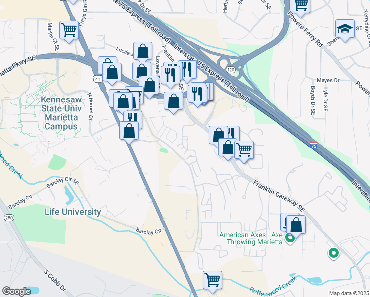 map of restaurants, bars, coffee shops, grocery stores, and more near 111-2109 Augusta Drive Southeast in Marietta