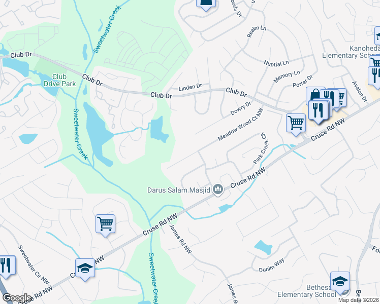 map of restaurants, bars, coffee shops, grocery stores, and more near 3109 Meadow Wood Court Northwest in Lawrenceville