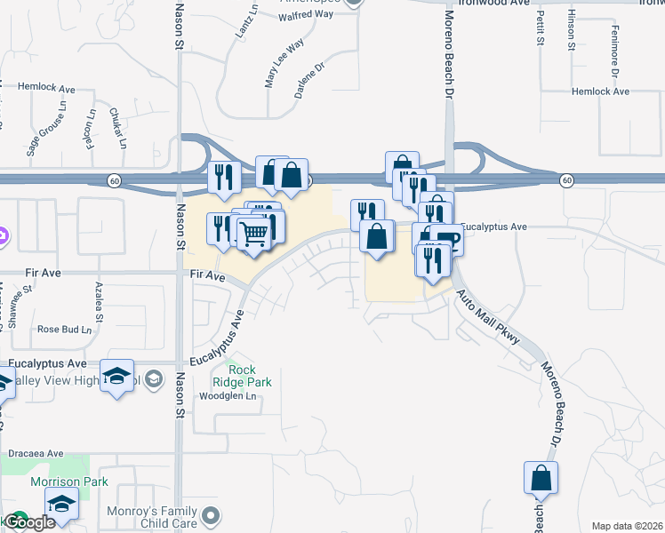 map of restaurants, bars, coffee shops, grocery stores, and more near 27393 Red Rock Road in Moreno Valley