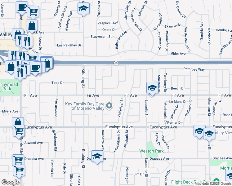 map of restaurants, bars, coffee shops, grocery stores, and more near 25762 Fir Avenue in Moreno Valley