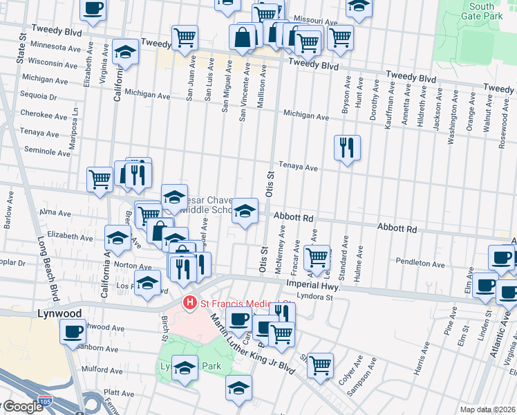 map of restaurants, bars, coffee shops, grocery stores, and more near 4159 Abbott Road in Lynwood
