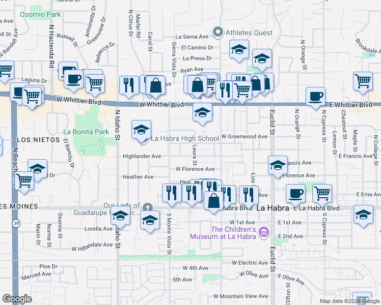 map of restaurants, bars, coffee shops, grocery stores, and more near in Whittier
