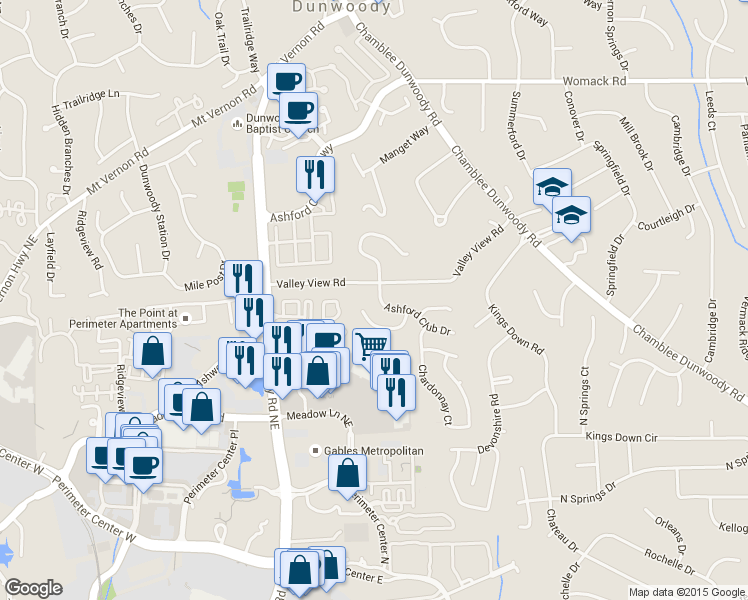 map of restaurants, bars, coffee shops, grocery stores, and more near 4764 Ashford Club Drive in Dunwoody