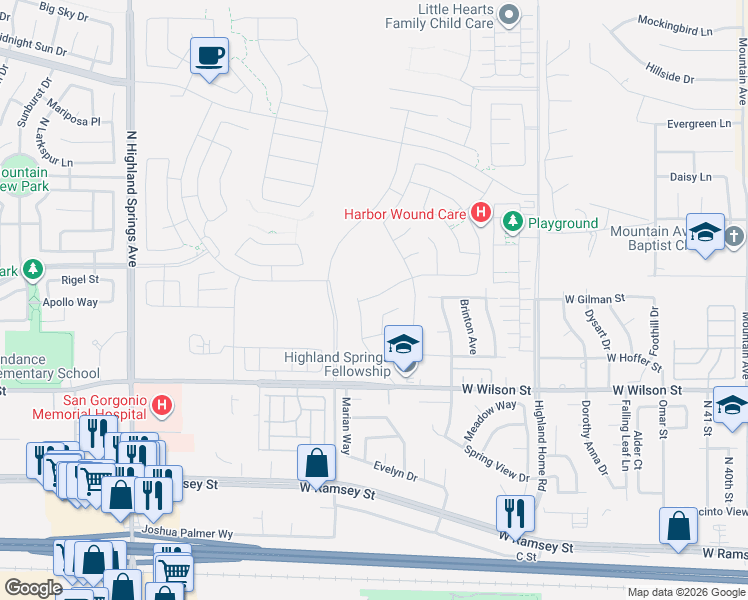 map of restaurants, bars, coffee shops, grocery stores, and more near in Banning