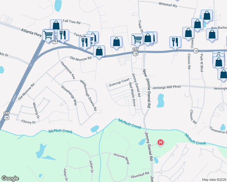 map of restaurants, bars, coffee shops, grocery stores, and more near 341 Ridge Pointe Drive in Athens