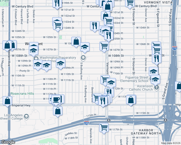 map of restaurants, bars, coffee shops, grocery stores, and more near 1102 West 109th Place in Los Angeles