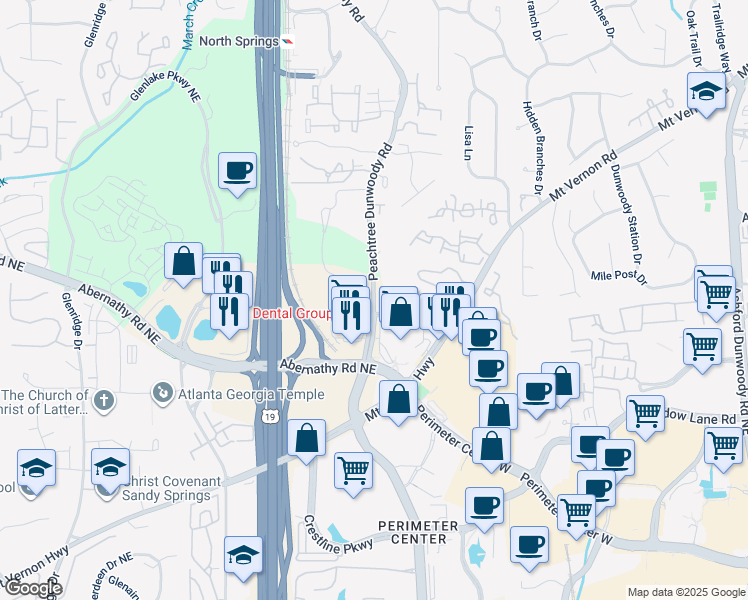 map of restaurants, bars, coffee shops, grocery stores, and more near Peachtree Dunwoody Road in Sandy Springs