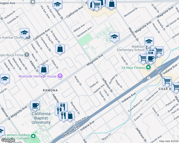 map of restaurants, bars, coffee shops, grocery stores, and more near 7944 Magnolia Avenue in Riverside