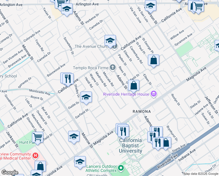 map of restaurants, bars, coffee shops, grocery stores, and more near 4035 Madrona Road in Riverside