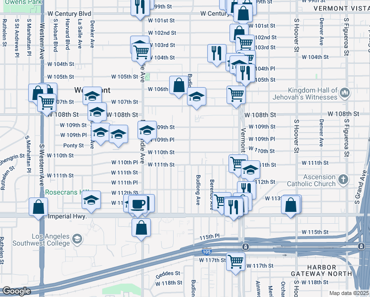 map of restaurants, bars, coffee shops, grocery stores, and more near 1211 1/2 West 110th Street in Los Angeles