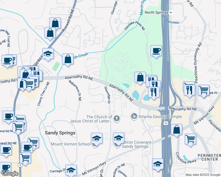 map of restaurants, bars, coffee shops, grocery stores, and more near 6666 Sterling Drive in Sandy Springs