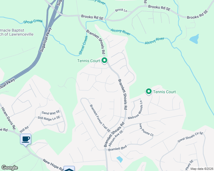 map of restaurants, bars, coffee shops, grocery stores, and more near 1205 Chimney Trace Way Southeast in Lawrenceville