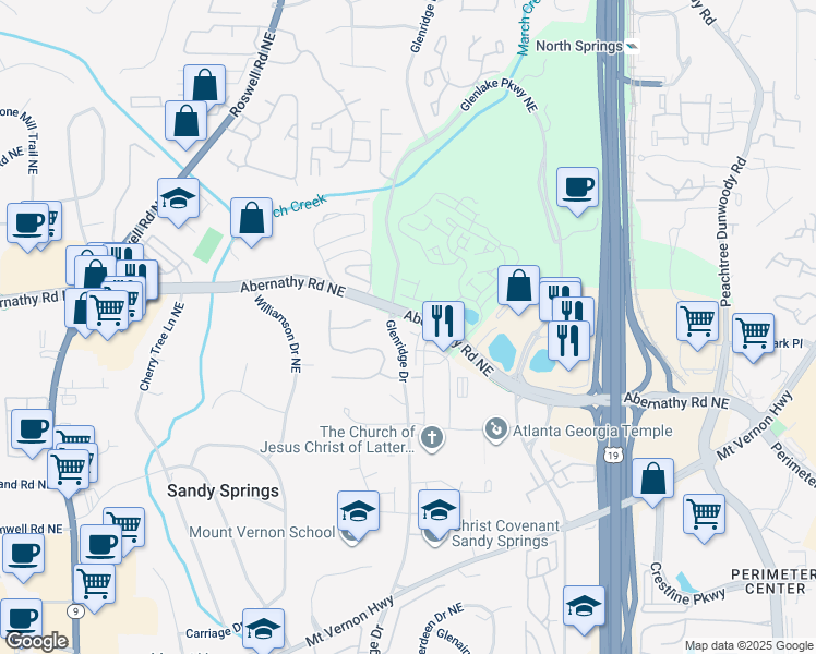 map of restaurants, bars, coffee shops, grocery stores, and more near 6666 Sterling Drive in Sandy Springs