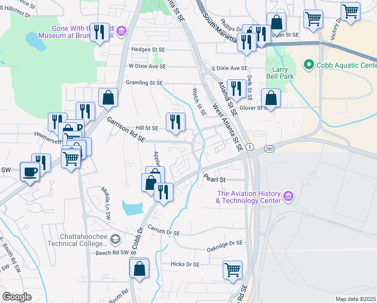 map of restaurants, bars, coffee shops, grocery stores, and more near 225 Magnolia Chase Drive in Marietta