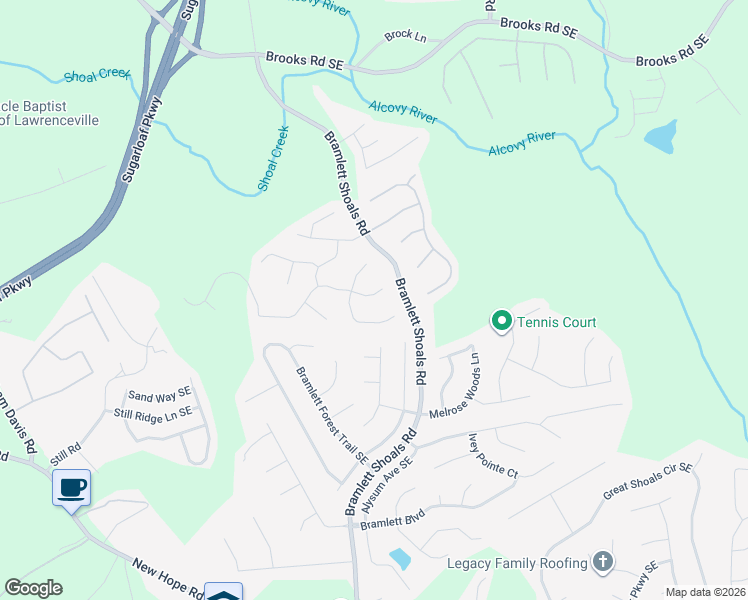 map of restaurants, bars, coffee shops, grocery stores, and more near 1225 Chimney Trace Way Southeast in Lawrenceville