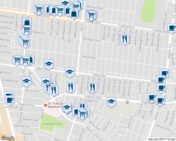 map of restaurants, bars, coffee shops, grocery stores, and more near 10611 Bowman Avenue in South Gate