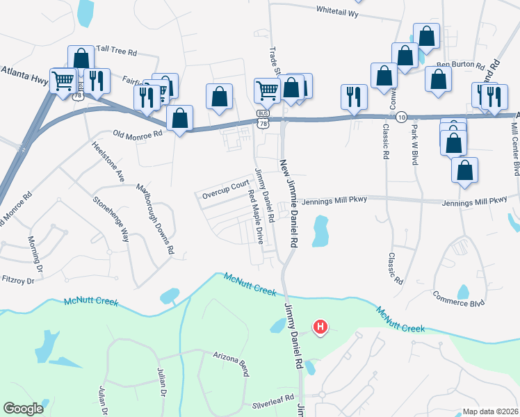 map of restaurants, bars, coffee shops, grocery stores, and more near 305 Ridge Pointe Drive in Athens