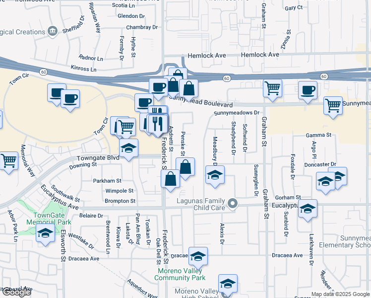 map of restaurants, bars, coffee shops, grocery stores, and more near 23107 Yarborough Drive in Moreno Valley