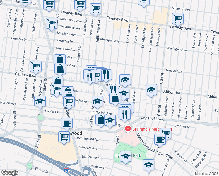 map of restaurants, bars, coffee shops, grocery stores, and more near 3539 Martin Luther King Junior Boulevard in Lynwood