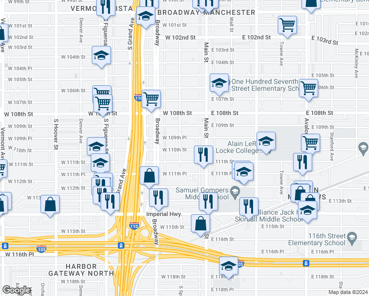 map of restaurants, bars, coffee shops, grocery stores, and more near 151 West 110th Street in Los Angeles