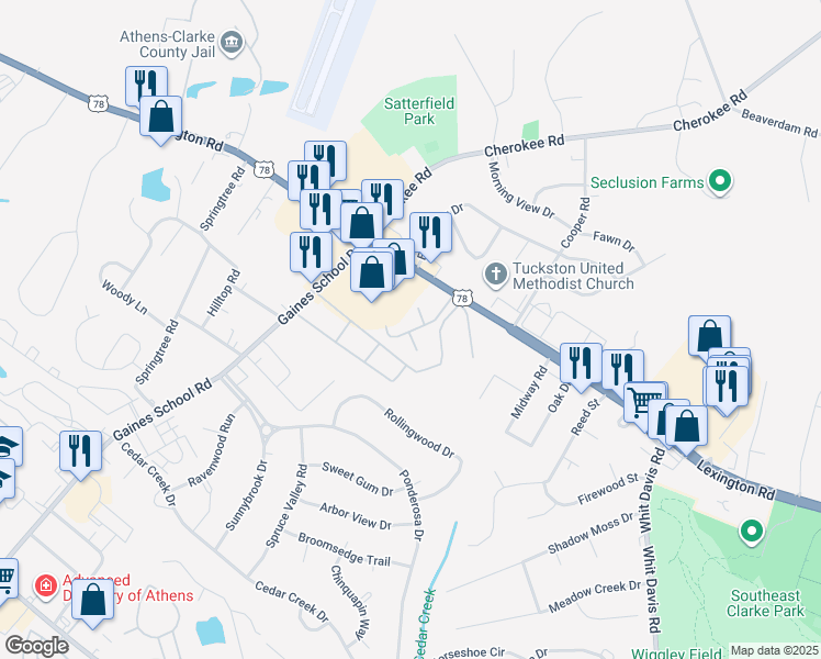 map of restaurants, bars, coffee shops, grocery stores, and more near 4150 Lexington Road in Athens