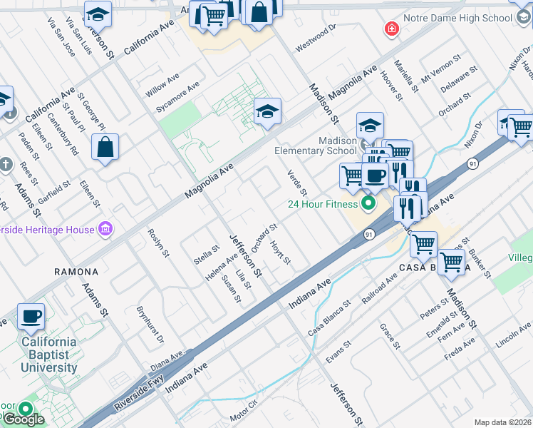 map of restaurants, bars, coffee shops, grocery stores, and more near 3628 Lillian Street in Riverside