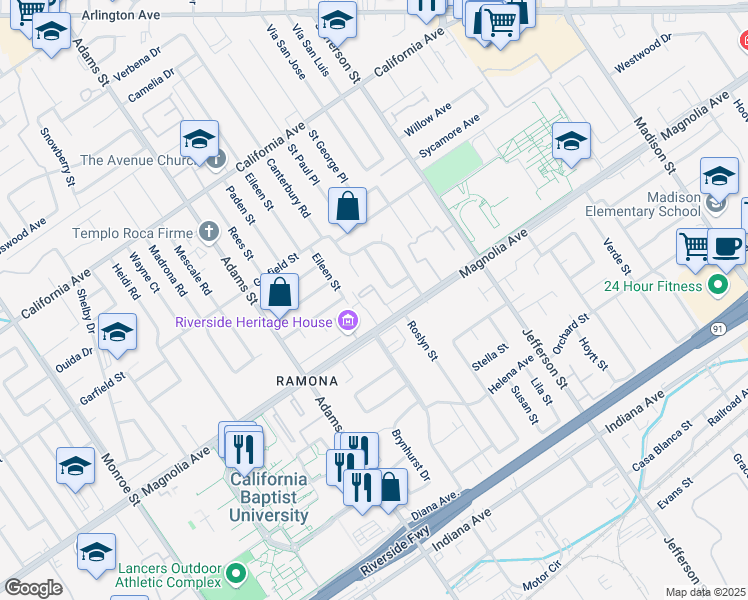 map of restaurants, bars, coffee shops, grocery stores, and more near 8123 Magnolia Avenue in Riverside