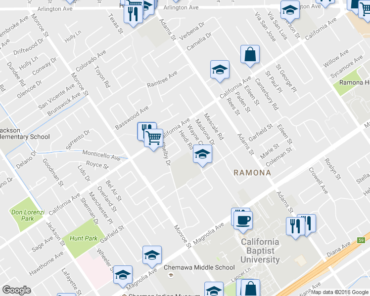 map of restaurants, bars, coffee shops, grocery stores, and more near 4126 Heidi Road in Riverside