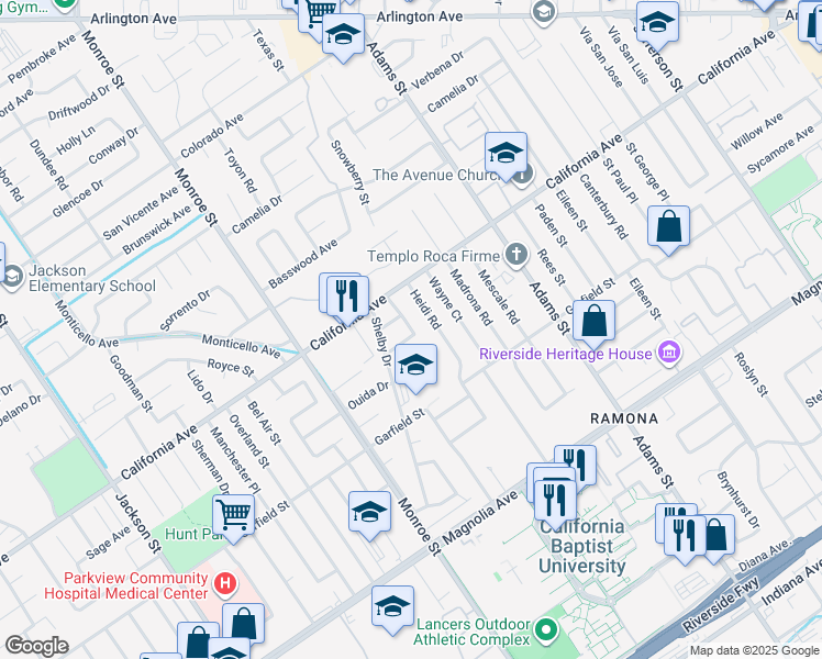 map of restaurants, bars, coffee shops, grocery stores, and more near 4128 Heidi Road in Riverside