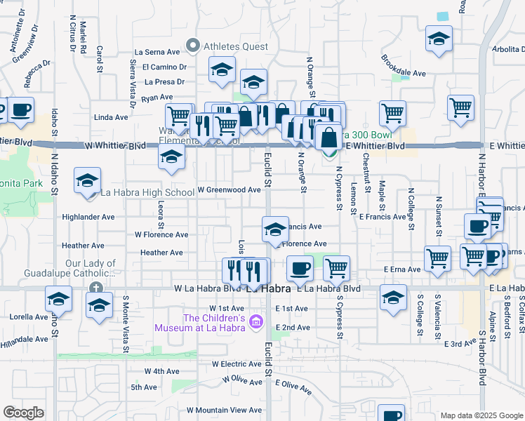 map of restaurants, bars, coffee shops, grocery stores, and more near 503 North Euclid Street in La Habra