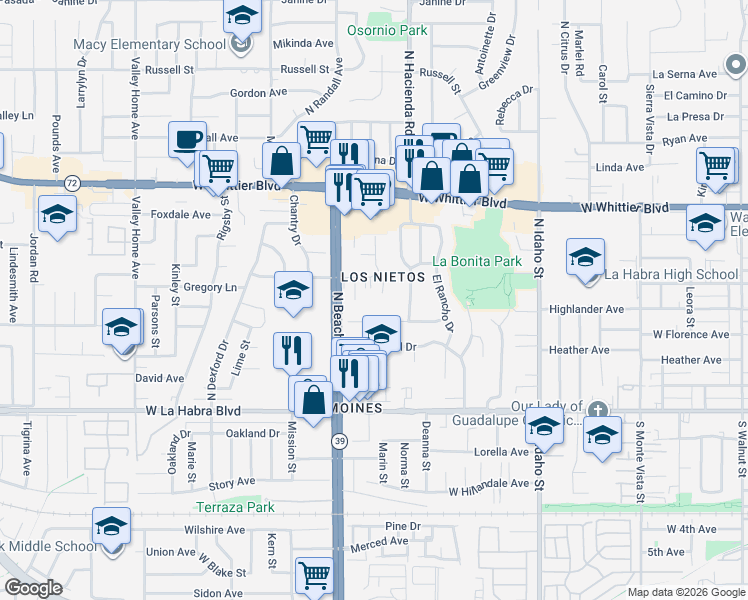 map of restaurants, bars, coffee shops, grocery stores, and more near 511 Ridgeway Lane in La Habra