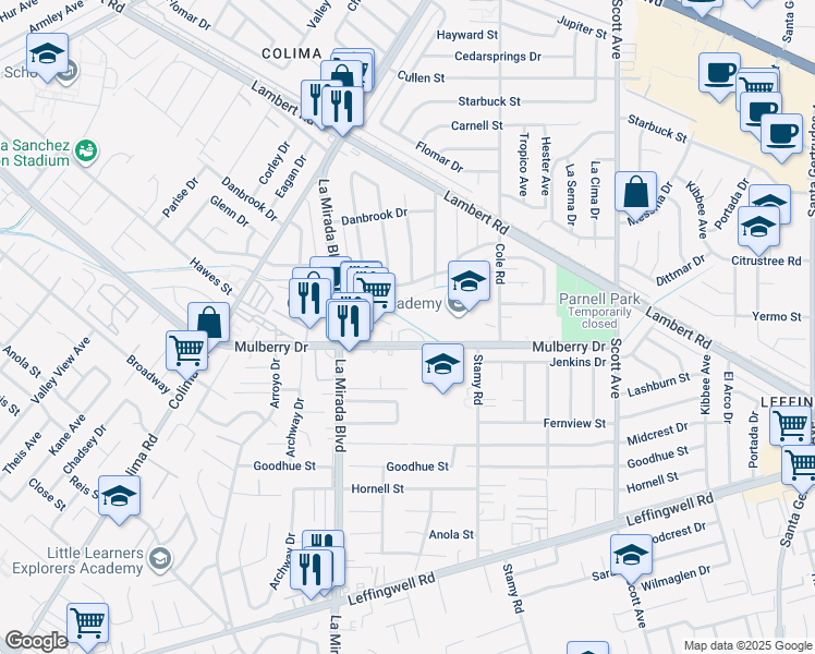 map of restaurants, bars, coffee shops, grocery stores, and more near 15067 Lindhall Way in Whittier