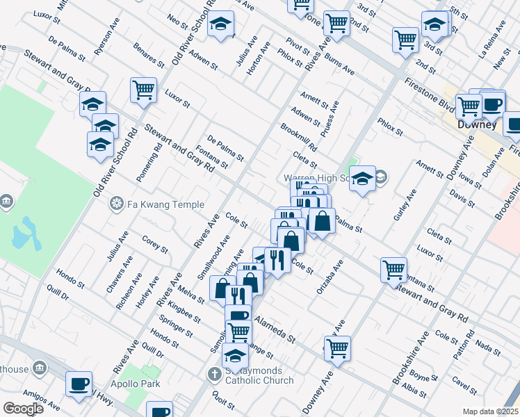 map of restaurants, bars, coffee shops, grocery stores, and more near 7871 Stewart and Gray Road in Downey