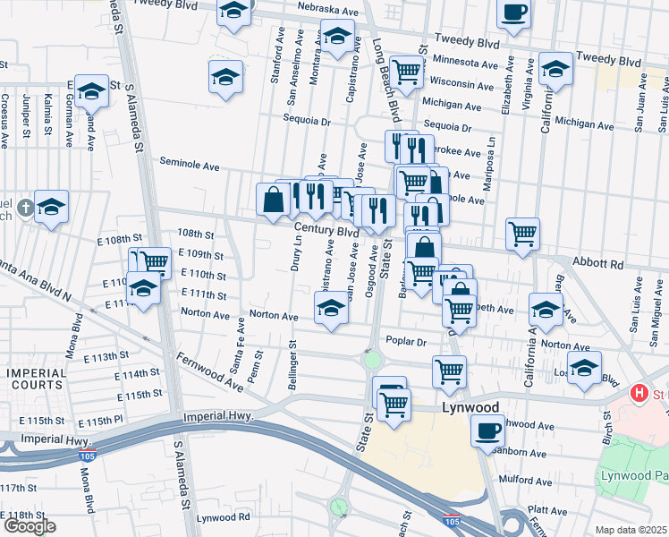 map of restaurants, bars, coffee shops, grocery stores, and more near 10742 Capistrano Avenue in Lynwood