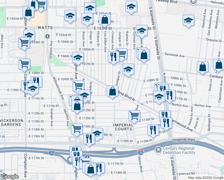 map of restaurants, bars, coffee shops, grocery stores, and more near 2114 Santa Ana Boulevard North in Los Angeles