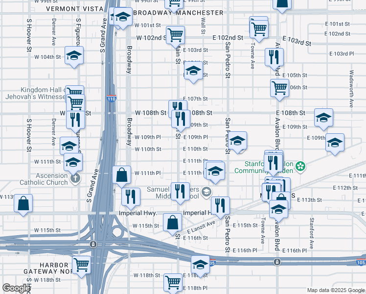 map of restaurants, bars, coffee shops, grocery stores, and more near 10970 South Main Street in Los Angeles