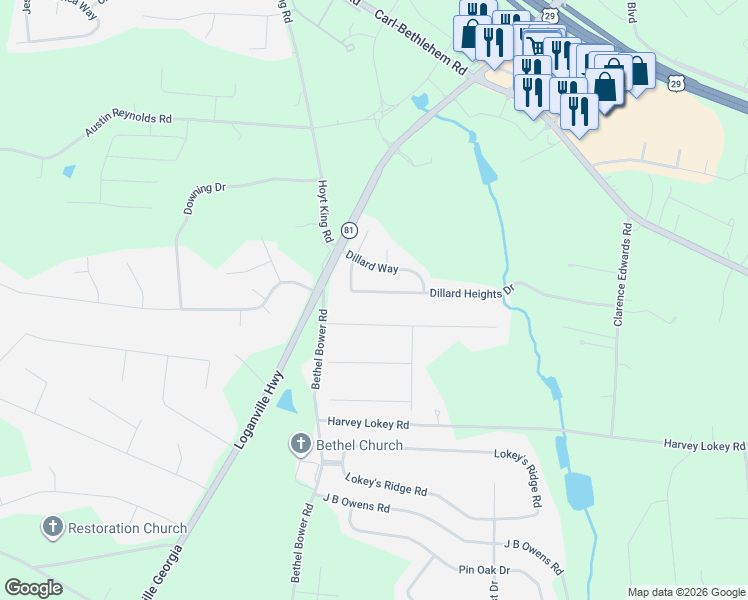 map of restaurants, bars, coffee shops, grocery stores, and more near 1441 Dillard Heights Drive in Bethlehem