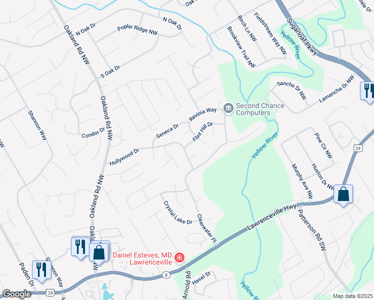 map of restaurants, bars, coffee shops, grocery stores, and more near 2074 Flint Hill Drive in Lawrenceville