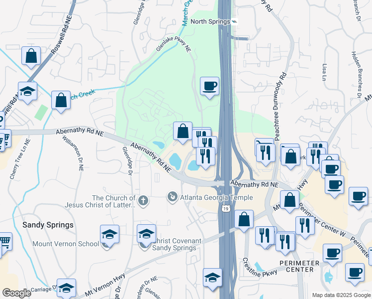 map of restaurants, bars, coffee shops, grocery stores, and more near Unnamed Road in Sandy Springs